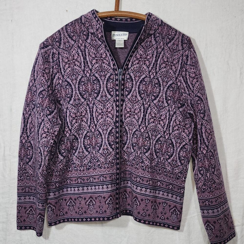 PENDLETON sz L zip front cardigan sweater black purple merino wool